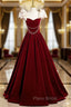 A-Line Velvet Floor Length Formal Prom Dresses, Burgundy Off the Shoulder Evening Party Dresses