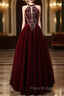 A-Line Velvet Sequin Beads Burgundy Long Formal Prom Dresses, Burgundy Long Formal Dresses