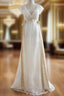 A-Line White Lace Deep V-neck Backless High Waist Wedding Dresses