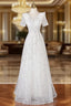 A-Line White Tulle Sequins Short Sleeve Formal Prom Dresses