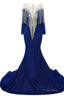 Deep V-neck Shiny Royal Blue Prom Dresses Long sleeves Mermaid Evening Party Dresses