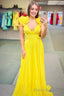 Lace-Up Fuchsia V-Neck Ruffle Pleated Long Formal Prom Dresses