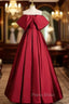 Adorable Burgundy Satin Off the Shoulder Formal Prom Dresses