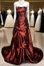 Aesthetic Ball Gown Strapless Burgundy Taffeta Formal Prom Dresses Ruffle Long Party Dresses