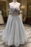 A line Tea Length Gray Formal Prom Dresses, Gray Tulle Homecoming Dresses