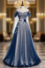 Amazing Blue Tulle Sequins Off the Shoulder Beading Formal Prom Dresses