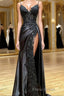 Amazing Long Black V-neck Spaghetti Straps Lace Sleeveless Formal Prom Dresses Long Slit Online