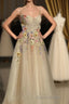 Ankle Length Tulle Straps Formal Prom Dresses with Flowers, A Line Party Gown