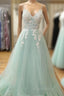 Appliques Spaghetti Straps Mint Green Tulle A Line Formal Prom Dresses