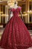 At Great Prices Burgundy Ball Gown Lace Sequins Off the Shoulder Quinceanera Dresses
