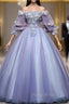 At Great Prices Purple Ball Gown Tulle Off the Shoulder Appliques Short Sleeve Quinceanera Dresses