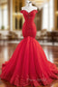 At Great Prices Red Mermaid Tulle Off the Shoulder Handwork Formal Prom Dresses