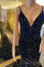 Open Back Sequin Mermaid V Neck Long Formal Prom Dresses