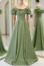Avocado Green Satin Off the Shoulder Formal Prom Dresses