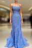 Backless Blue Lace Formal Prom Dresses, Open Back Blue Lace Formal Graduation Dresses