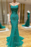 Backless Green Mermaid Lace Formal Prom Dresses, Open Back Green Lace Mermaid Formal Evening Dresses