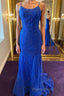 Backless Mermaid Blue Lace Tulle Long Formal Prom Dress, Mermaid Blue Formal Dress, Blue Lace Evening Dress