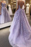 Backless Purple Lace Formal Prom Dress with Train, Open Back Long Purple Lace Formal Evening Dresses