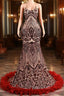 Backless Sequins Mermaid Formal Prom Dresses Burgundy Party Evening Dresses with Feather Chapel Train
