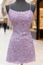 Backless Short Purple Formal Prom Dresses, Open Back Short Purple Lace Graduation Homecoming Dresses