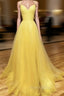 Backless Yellow Tulle Long Formal Evening Dresses, Open Back Yellow Tulle Long Formal Prom Dresses