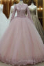 Ball Gown Long Sleeves Pink Tulle Evening Dresses