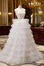 Ball-Gown/Princess Tulle White Long Formal Prom Dresses With Beading Flower Cascading Ruffles