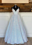 Ball Gown Sleeveless V Neck Long/Floor-Length Sequined Sparkling Prom Dresses With Pleated