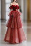 Ball Gown Strapless Tulle Long Red Formal Prom Dresses Formal Dresses
