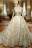 Ball Gown Tulle Gold Sequins Lace Long Sleeve Backless Wedding Dresses With Long Train