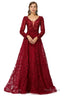 Beaded Wine Red Long V neck Sleeves Prom Dresses