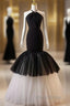 Beading Mermaid Black And White Halter Tulle Formal Prom Dresses