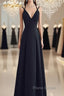 Beautiful Black Chiffon Straps Long A-Line Junior Formal Prom Dresses, Black Party Gowns