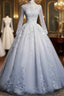 Beautiful Grey A-Line Long Sleeves With Lace Party Gown Sweet 16 Dresses Formal Prom Dresses