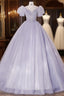 Beautiful Light Blue Tulle Sequins Formal Prom Dresses, Scoop Neck Short Sleeve Puffy Floor-Length Formal Dresses
