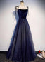 Beautiful Navy Blue Tulle Straps Long Velvet Party Dresses, Blue Formal Prom Dresses
