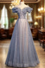 Beautiful Off Shoulder Puffy Sleeves Beaded Party Dresses Formal Prom Dresses, Blue Evening Gown