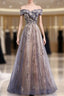 Beautiful Off Shoulder Tulle With Lace Long Evening Gown, Floor Length Formal Prom Dresses