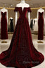 Beautiful Wine Red Off Shoulder Velvet Long Party Dresses, A-Line Dark Red Formal Prom Dresses