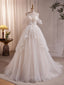 Beige A-line Tulle Beading Long Formal Prom Dresses, Beige Formal Dresses
