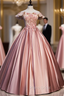 Best For You Pink Ball Gown Satin Off the Shoulder Appliques Beading Quinceanera Dresses