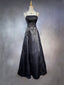 Black A-Line Satin With Lace Applique Formal Prom Dresses, Black Straps Long Party Dresses
