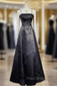 Black A-Line Straps Beaded Floor Length Party Dresses, Black Satin Long Formal Prom Dresses