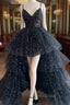 Black A-Line Tulle High Low Formal Prom Dresses, V-Neck Evening Party Dresses