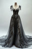 Black Appliques A-Line V-Neck Lace Tulle Sequin Long Formal Prom Dresses, Dark Gray Formal Evening Gowns