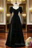 Black A-line Velvet Long Formal Prom Dresses Party Dresses, Black Short Sleeves Formal Prom Dresses