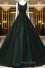 Black and Green Tulle with Lace Long Party Dresses, A-line Low Back Evening Dresses