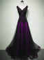 Black And Purple Tulle V-Neckline Beaded Formal Prom Dresses, Long Tulle Formal Dresses Formal Evening Dresses