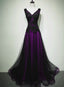 Black And Purple V-Neckline A-Line Formal Prom Dresses, Tulle With Lace Party Dresses