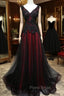 Black and Red V-Neck Tulle Long Formal Prom Dresses, Lace Evening Dresses